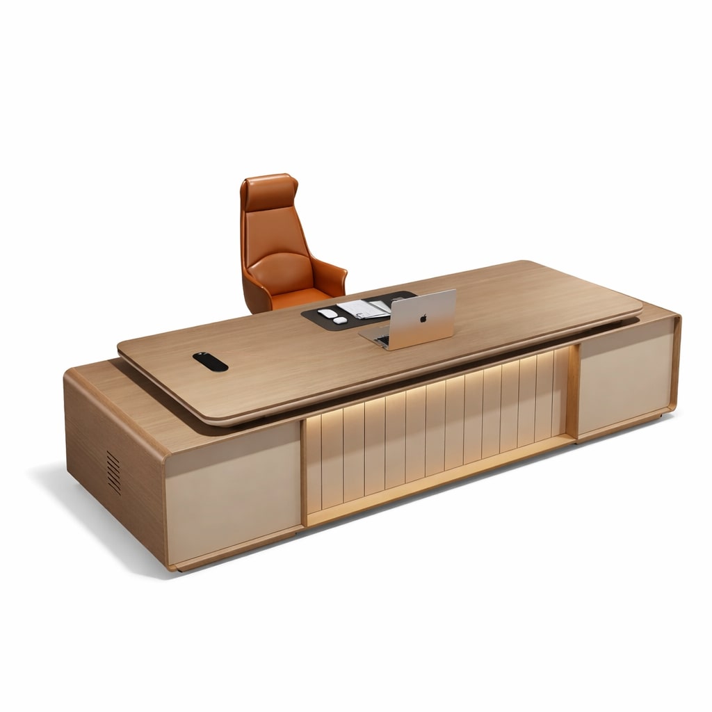 Chefschreibtisch 180 cm mit LED Beleuchtung – Moderner Bürotisch mit Sideboard Holz Design