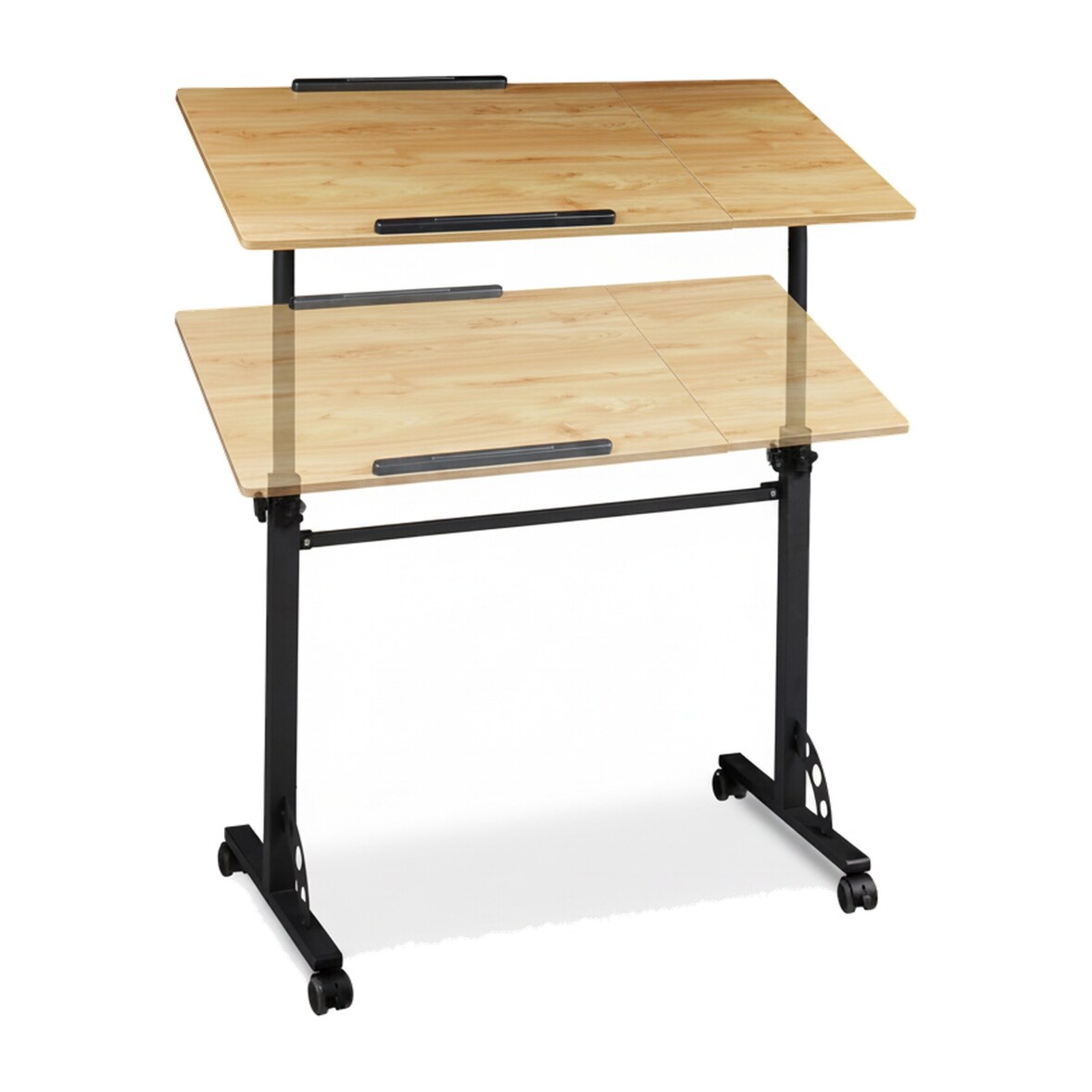 Relaxdays Laptoptisch höhenverstellbar, HxBxT: 110x100x50 cm, Holz, Rednerpult, bremsbare Rollen, 2 Ablagen, natur