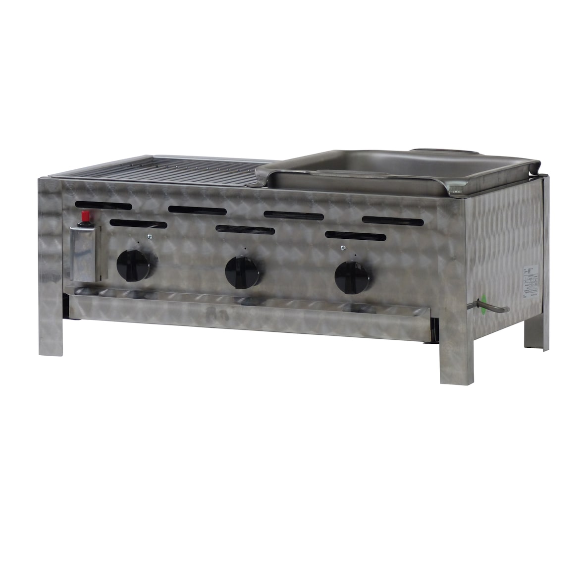 Gastrobräter, 3 Brenner je 4,5 kW, mit Grillrost und Stahlblechpfanne, B 650 x T 530 x H 270 mm, inkl. Gewerbedruckregler u. Schlauchbruchsicherung