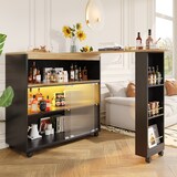thumbnail of Bartisch ausziehbar 204x39x105 cm mit Stauraum Schiebetüren und LED-Beleuchtung auf Rollen, MDF Stehtisch Kücheninsel, Schwarz