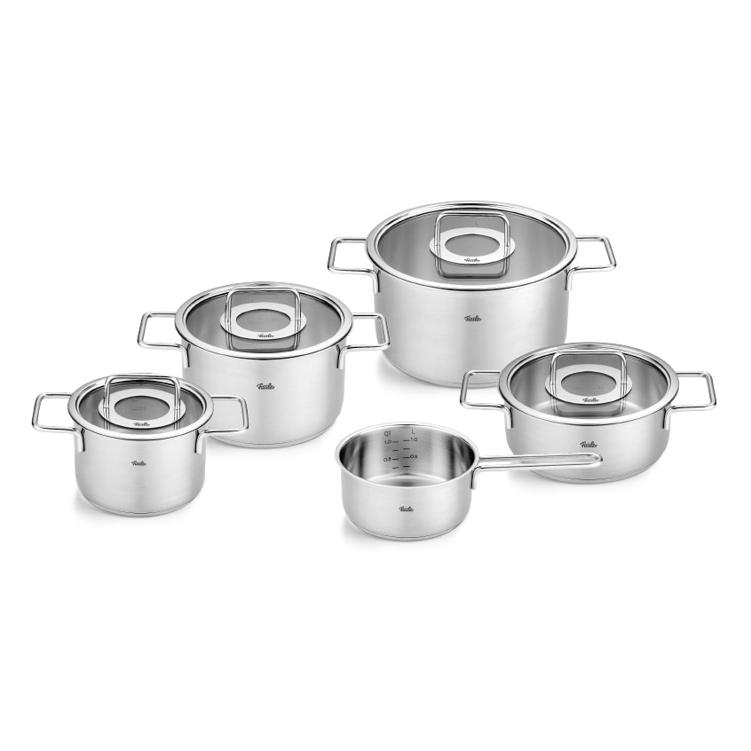 Fissler - Pure Collection - Set 5-teilig (Topf + Glasdeckel 16 + 20 + 24 cm, Stielkasserolle 16 cm, Stielkasserolle + Glasdeckel 20 cm)