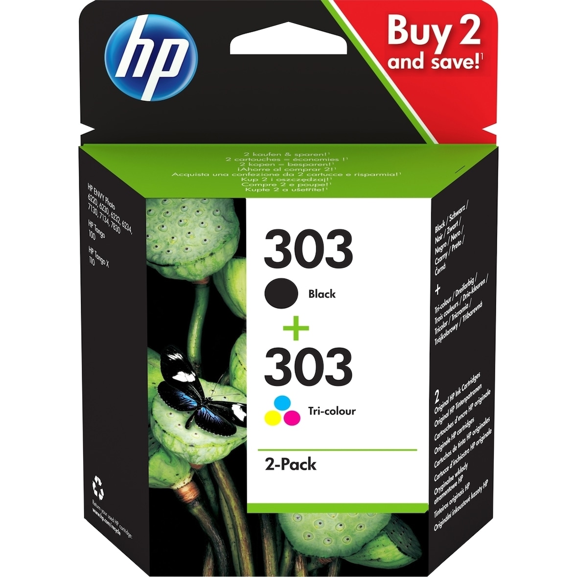 Hp 303 Pack De 2 Cartouches Dencre Noire Et Trois Couleurs Authentiques 3ym92ae Pour Envy Photo 6220/6230/6232, Tango/tangox