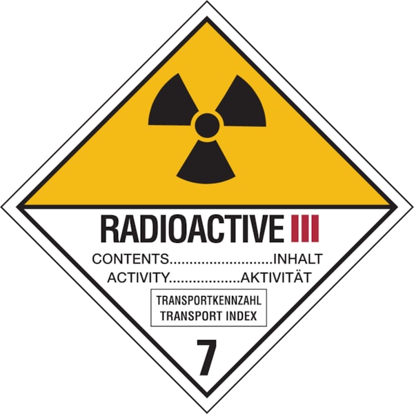 Gefahrzettel, Gefahrgutklasse 7C - Radioaktive Stoffe Kategorie III - GELB - 30x30 mm Folie selbstklebend
