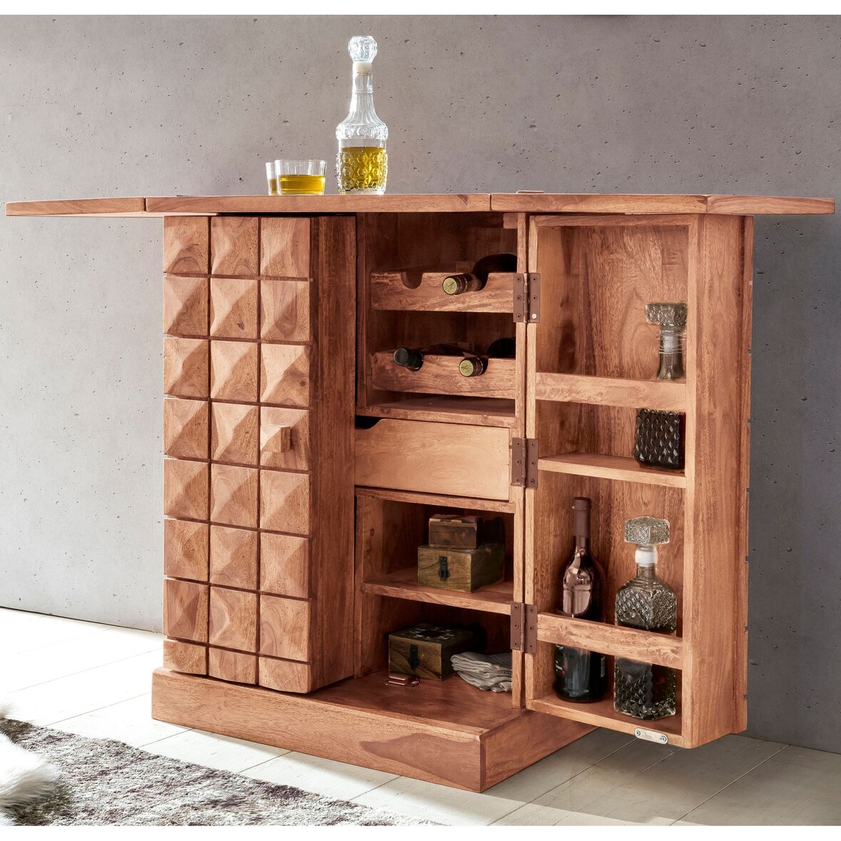 FineBuy Hausbar Massivholz Vitrine ausklappbar Landhausstil Barschrank Weinbar