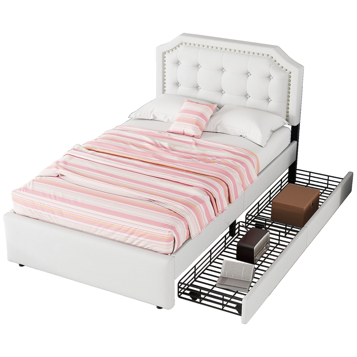 Polsterbett 90x200 mit Stauraum, Bettgestell mit zwei Schubladen, verstellbarer Nachttisch, gepolstertes Einzelbett mit Leinenbezug Hellbeige
