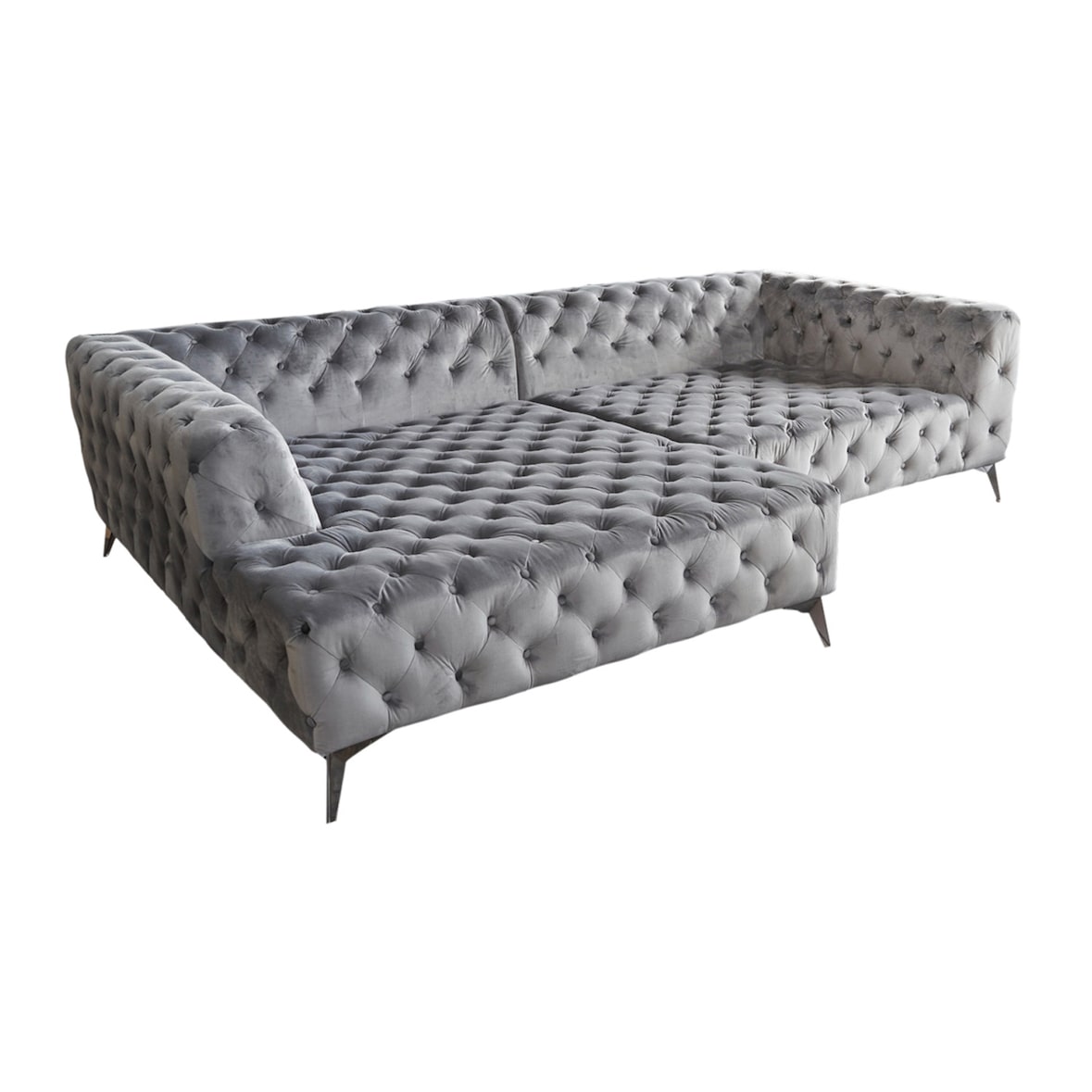 KAWOLA Sofa NARLA Ecksofa Chesterfield Stoff velvet silber Recamiere links