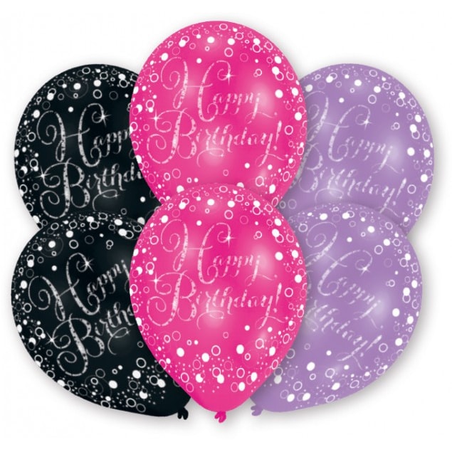 6 Ballons Happy Birthday pink, lila, schwarz