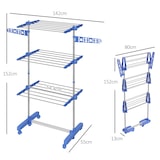 thumbnail of Vertikaler Wäscheständer mit 3 Ebenen, 6 Rollen, 2 seitlichen Klappstützen, verstellbaren Ablagen und einem Rahmen aus blauem Edelstahl