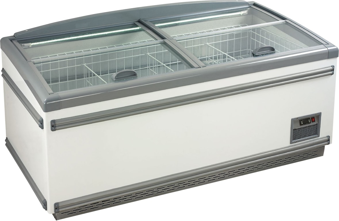 KLIMAITALIA Statische Insel mit geneigtem, flachem Glas. Vertikale Öffnung. LED-Beleuchtung. Automatisches Auftauen. Temperatur -18°C/-21°C. IGLOO18