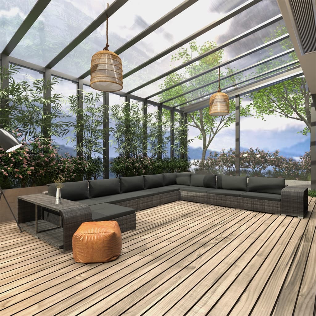 vidaXL 11-delige tuin loungeset met kussens poly rattan grijs