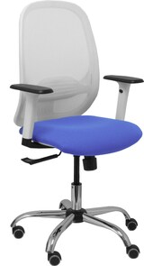 thumbnail of Silla Cilanco blanca malla blanca asiento bali azul claro brazo regulable base cromada ruedas de parqué