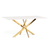 thumbnail of Table d’intérieur 160x90 cm, plateau en verre trempé, pieds en métal, design élégant, pour cuisine ou salle à manger – Morgan – Marbre rose/Or