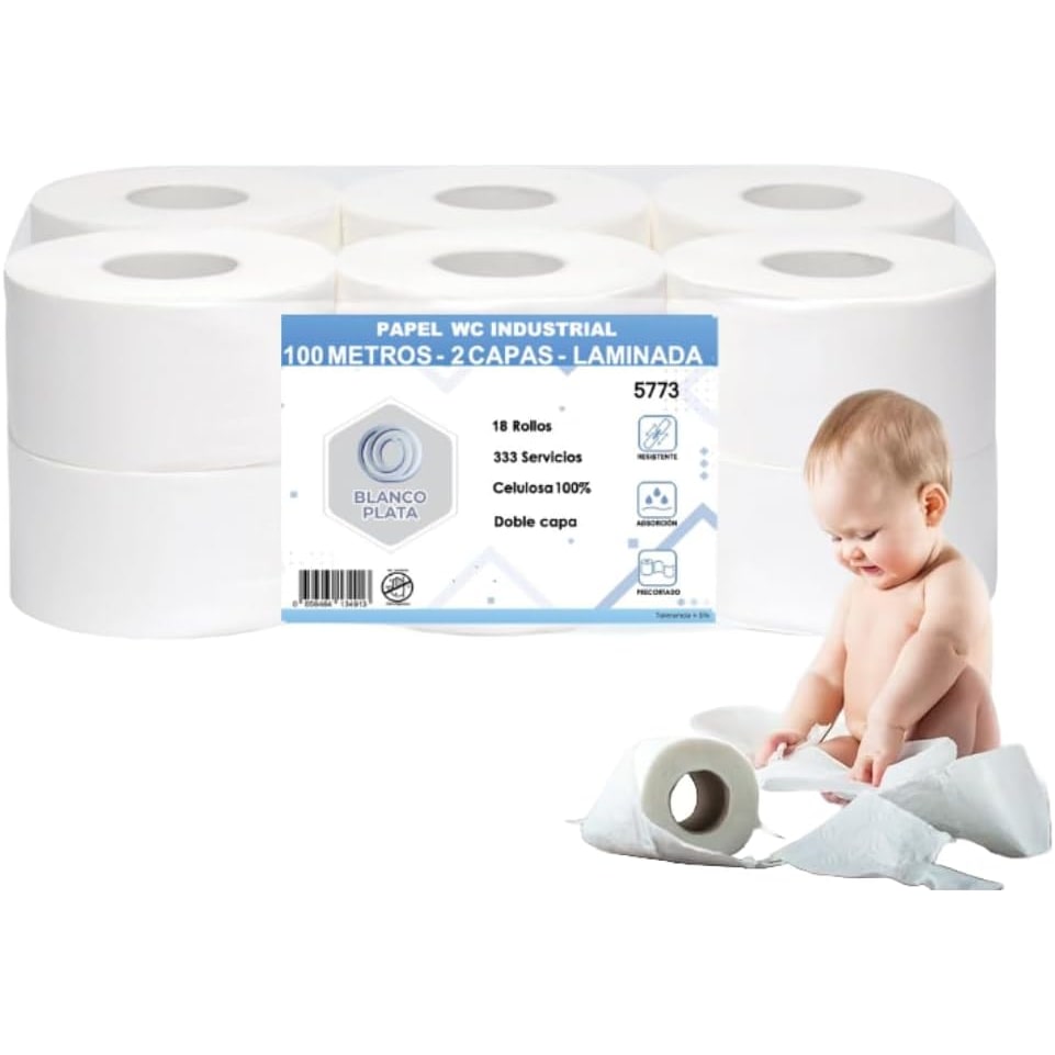 Papel Higiénico Industrial de 2 Capas 100% celulosa, 18 rollos (18 Rollos de 100m)
