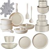 thumbnail of Juego básico de cocina con vajilla, ollas, etc, set de 40 piezas, gris topo/blanco