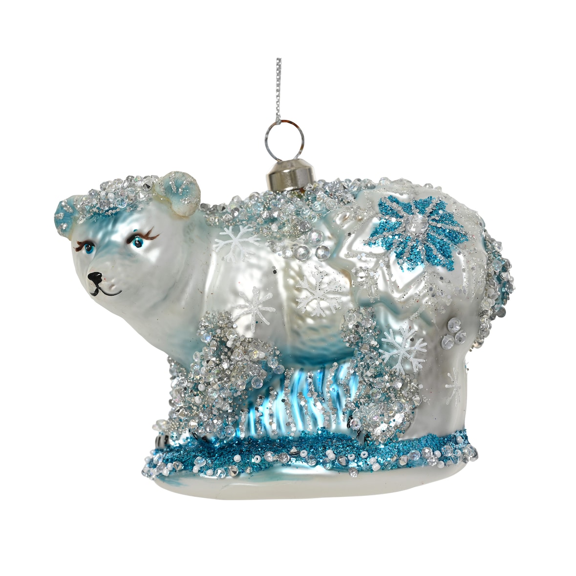 Christbaumschmuck Glas 11,5cm Eisbär Figur zum Aufhängen - Weihnachtsbaum Anhänger Weihnachten Weihnachtsbaumschmuck Polartiere Bär Weiß Blau