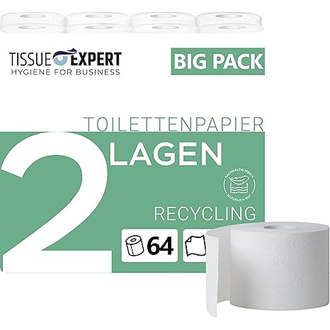 Toilettenpapier, 2-lagig, 64 Rollen x 250 Blatt, 100% Recycling, superweiches Klopapier, Großpackung für Gewerbe, Verpackung aus 60% PCR-Anteil