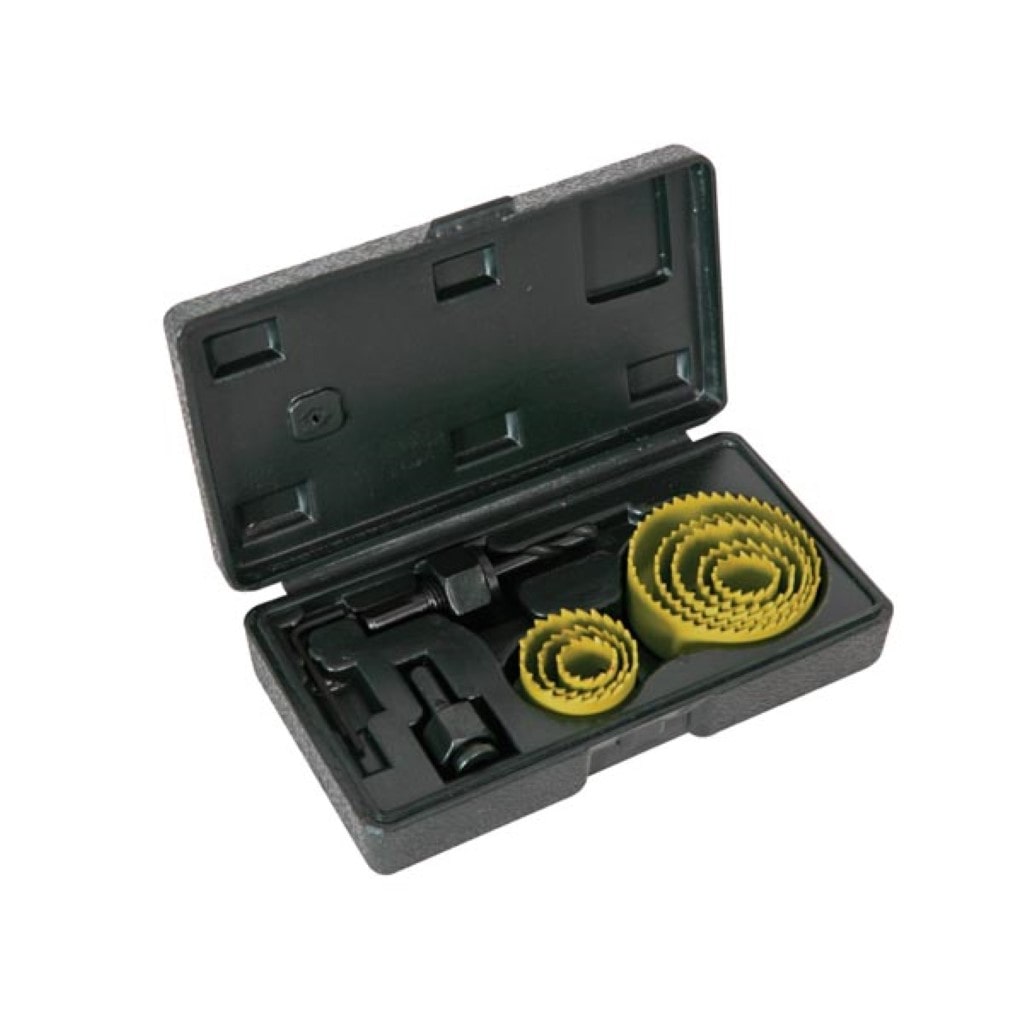 Ensemble de 11 scies-cloches pour bois, profondeur de 25 mm, jaune-noir, incluant 8 tailles et accessoires