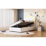 thumbnail of Modernes Polsterbett 90x200 mit LED-Beleuchtung, hydraulischem Stauraum, Muschel-Kopfteil mit Krone, Kunstleder, stabile Holz-Metall-Konstruktion Weiß