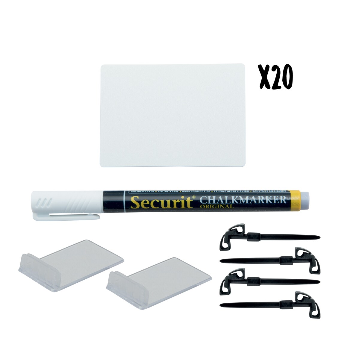 Securit® 20er-Set Tischtafeln "Tags" A8 - Weiß - Schwarzer Kreidestift und Zubehör inklusive