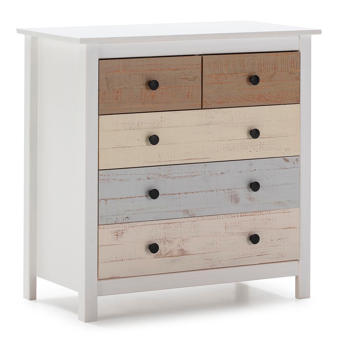 Comoda de Noche Magda de 5 cajones en Blanco y cajones Multicolor, Pino macizo, estable y fácil de montar