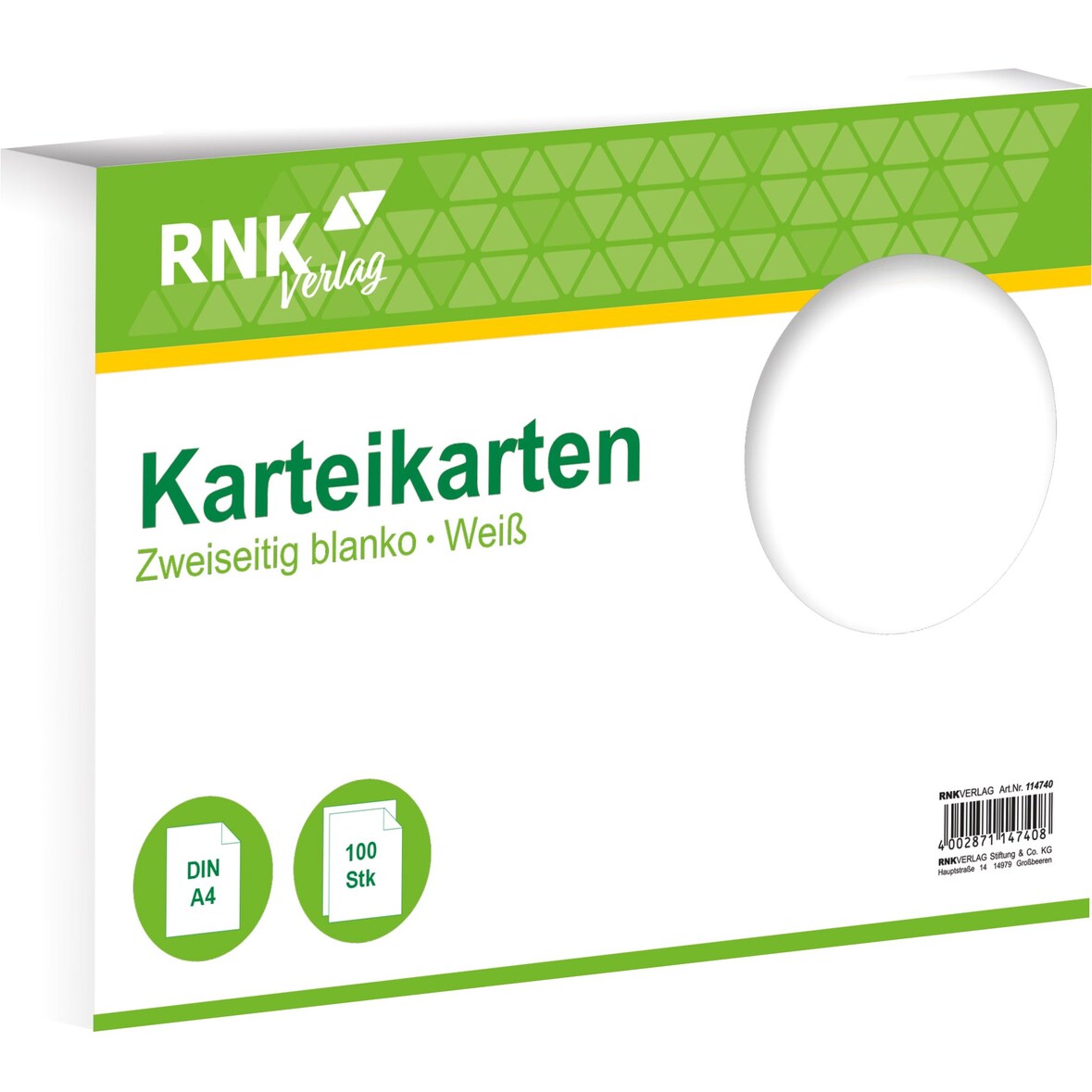 RNK Verlag 114740 Karteikarten - DIN A4, blanko, weiß, 100 Karten