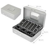 thumbnail of HMF Geldkassette abschließbar, Kasse mit Euro Münzzählbrett, 3 Banknotenfächer, 25 x 18 x 9 cm, Silber