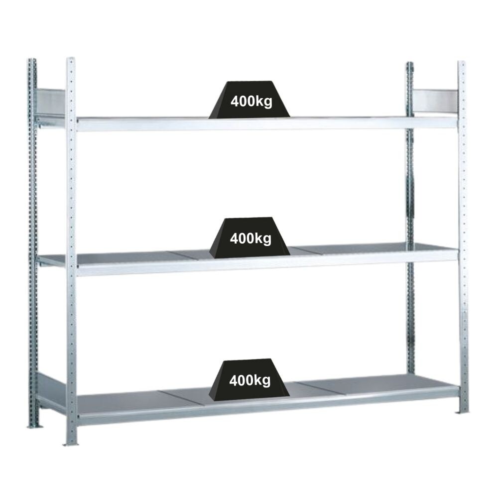 PROREGAL Weitspannregal mit Stahlböden WS 2000 | Grundregal | HxBxT 200x225x40cm | 3 Ebenen | Fachlast 400kg | Verzinkt