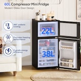 thumbnail of Merax mini frigorífico 60 L con congelador, combi 38 L + 22 L, puerta de cristal, 135 kWh/año, 45 dB, negro