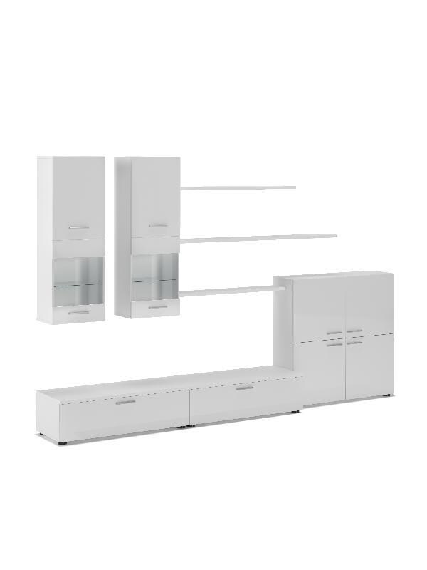 SKRAUT HOME Zeitgenössische Wohn- und Esszimmer TV-Wandmöbel mit LED-Beleuchtung, Weiß lackiert und Mate Weiß, 300 x 189 x 42 cm - 1BETABLANCO