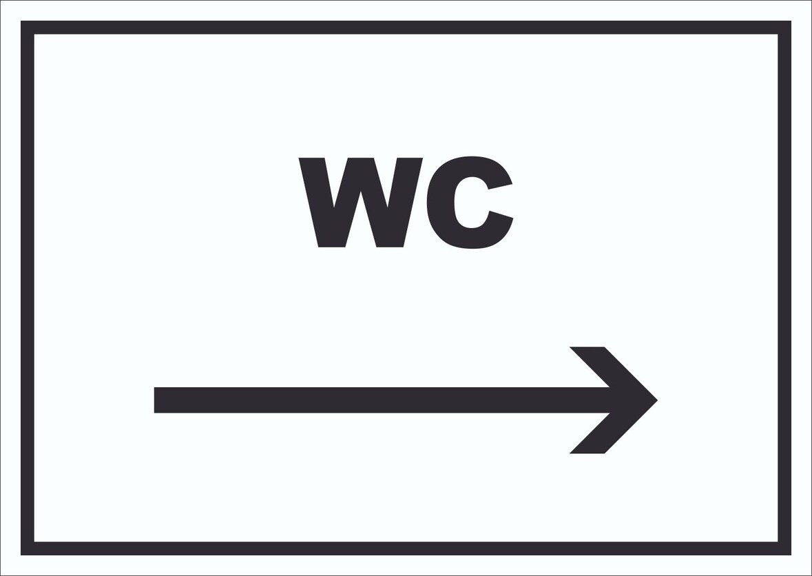 WC Schild mit Text und Richtungspfeil rechts Toilette Klo waagerecht A5 Rückseite selbstklebend
