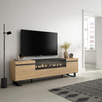 Skraut Home | TV-Meubel, Lowboard | Woonkamer, Eetkamer | 150x57x35cm | Voor tv's tot 65 | Elektrische haard | Industrieel design | Moderne stijl | Eiken