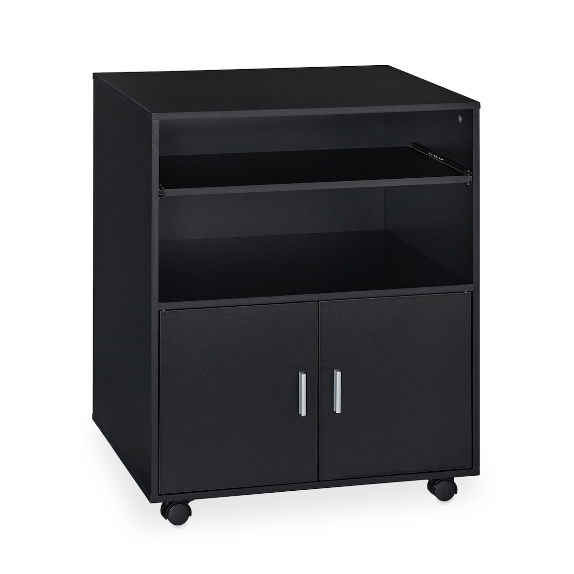Relaxdays Rollcontainer Büro, mit 2 Fächern & Tastaturauszug, Druckertisch mit Rollen, HxBxT: 74 x 60 x 48 cm, schwarz