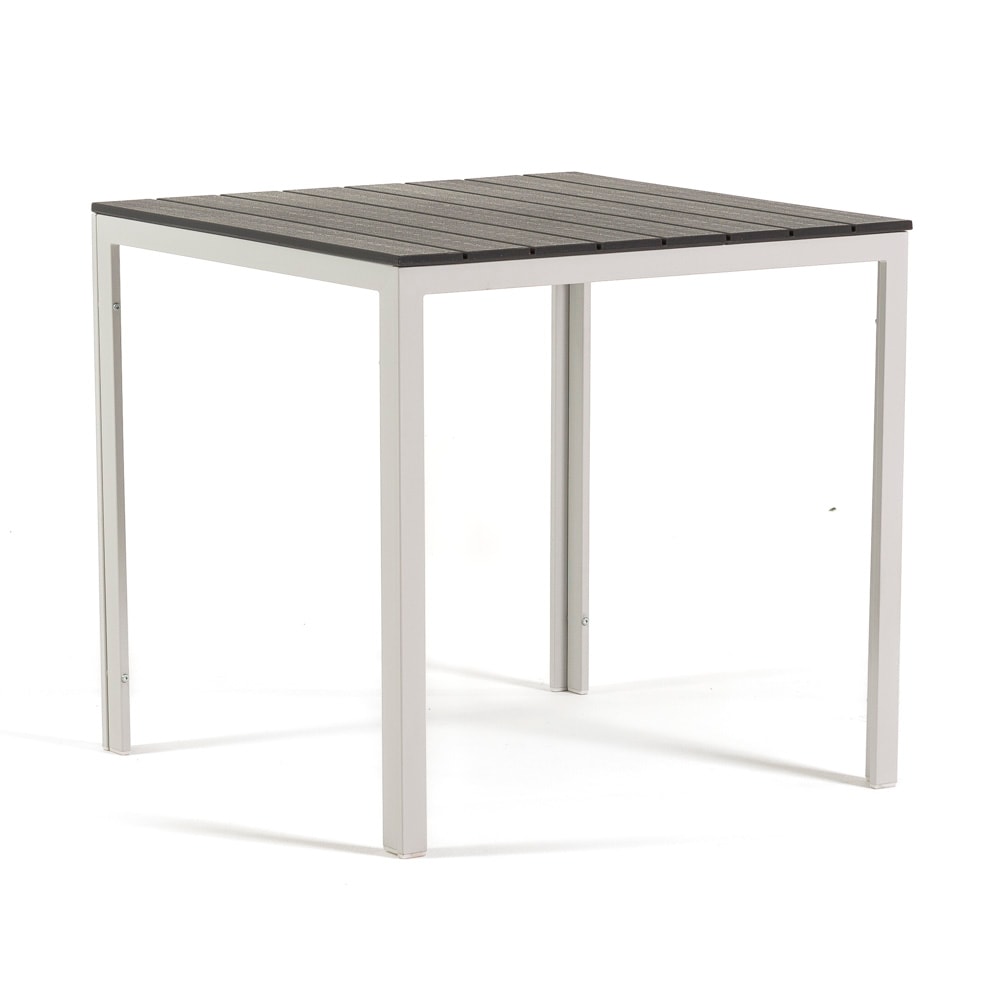 Mesa de jardín cuadrada 78x78 cm, estructura de acero y tablero efecto madera, estilo moderno para jardín o terraza–GABRIEL–Blanco/Pizarra