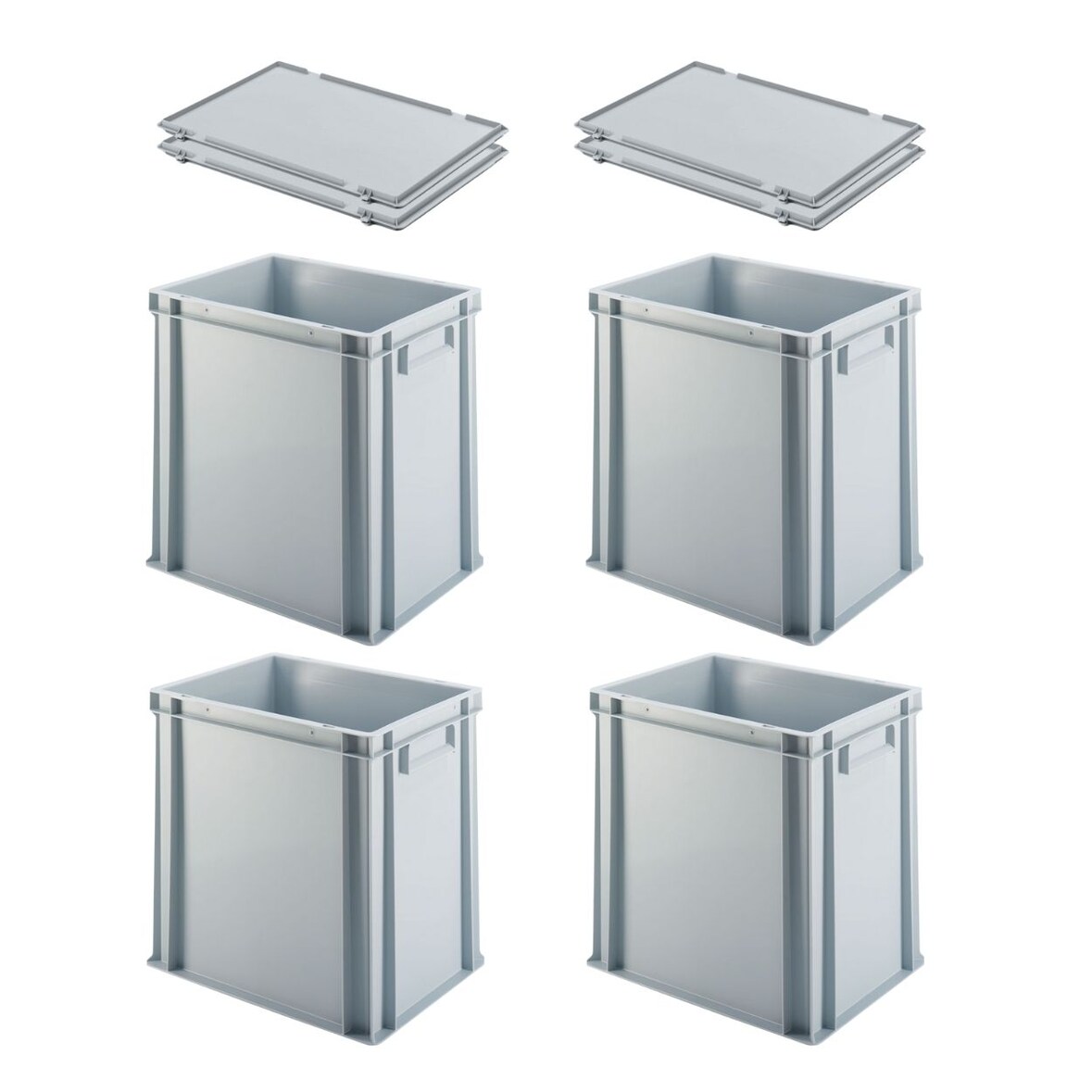 PROREGAL 4x Eurobehälter mit geschlossenem Griff und Scharnierdeckel | HxBxT 40x30x40cm | 37 Liter | Grau | Eurobox