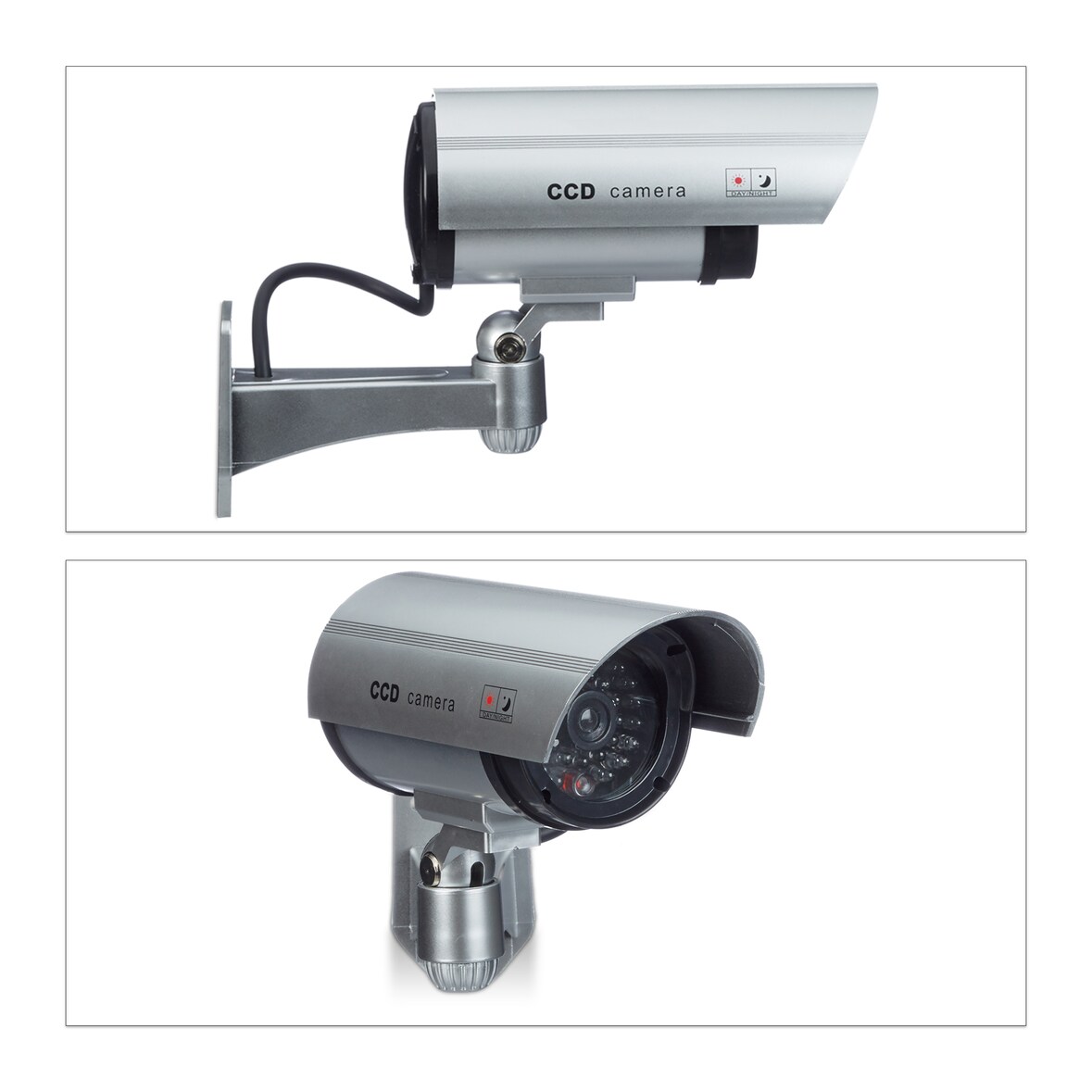 Relaxdays Dummy Kamera mit LED-Licht, Wandhalterung, für Innen- und Außenbereich, Sicherheitskamera, drahtlos, silber