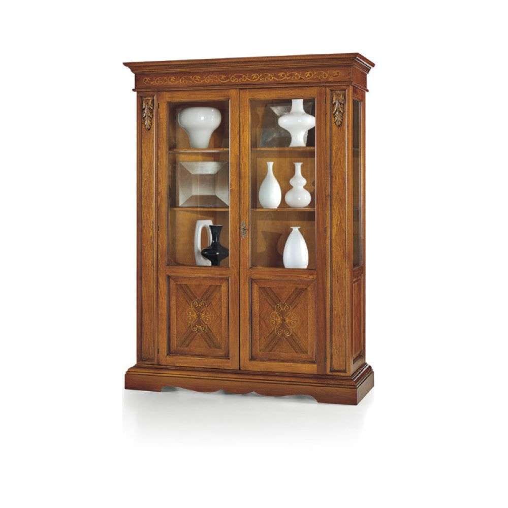 shopinnovativo -Vetrina 2 ante 4 ripiani arte povera in legno massello e mdf con rifinitura noce Bassano intarsiato 155x48x210 H