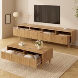 thumbnail of Wohnzimmermöbel-Set mit LED, TV-Schrank 4 Türen & Couchtisch 2 Schubladen, Acrylfronten 3D-Wellenstruktur, viel Stauraum, Holzfarben-Gold