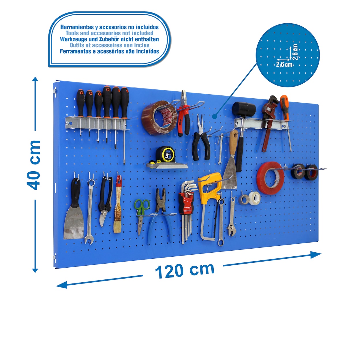 SimonRack Painel Porta Ferramentas de Parede, 400x1200x35 mm, com 25 Acessórios, Azul - Panel Click