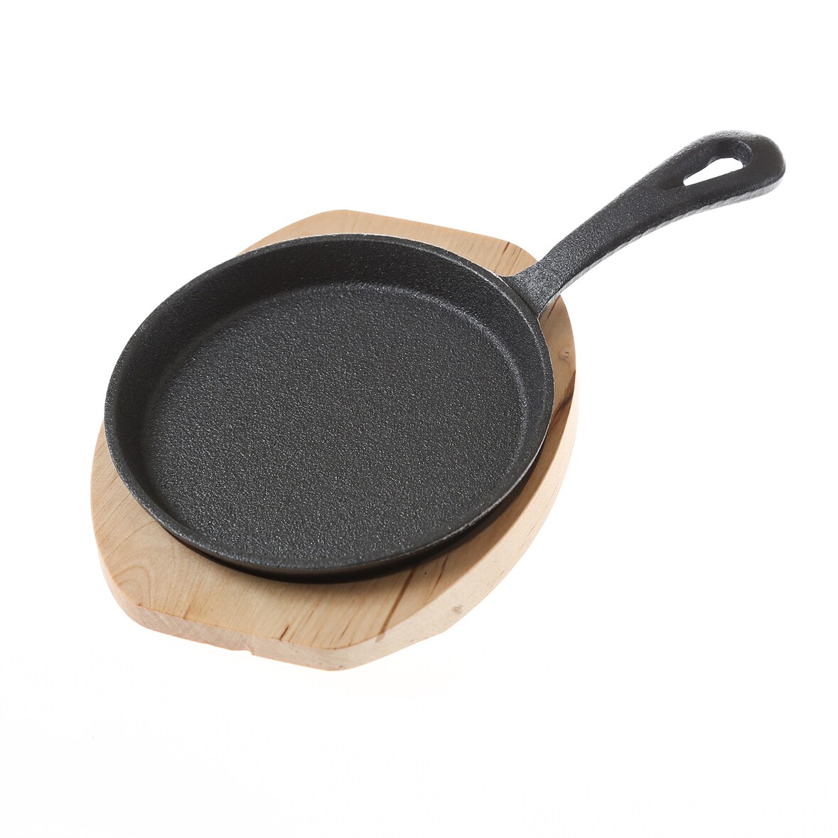 Gusspfanne Minipfanne 13cm mit Stiel u. Holzuntersetzer Gusseisen Servierpfanne