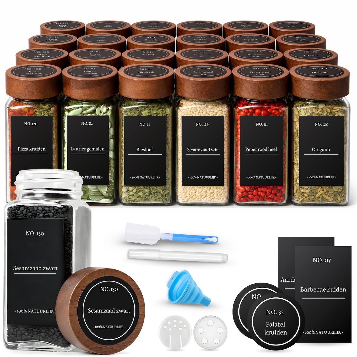 Five Stars® 24-delige Glazen Kruidenpotjes met Acacia Deksel - 2 Soorten Strooideksels - incl. Stickers, Stift, Trechter en Accessoires - 120 ml