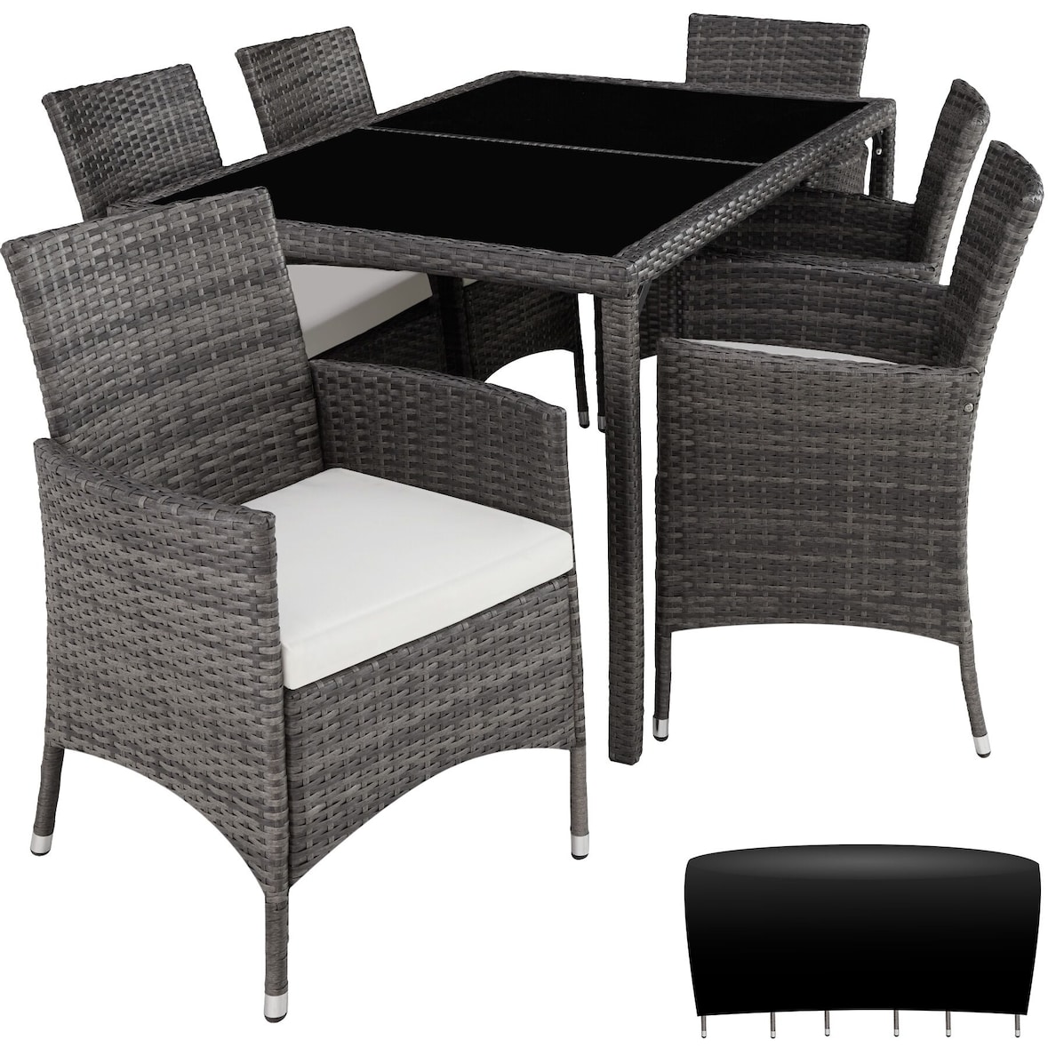 tectake Salon de jardin 6 places avec housse de protection - gris/blanc - 404321