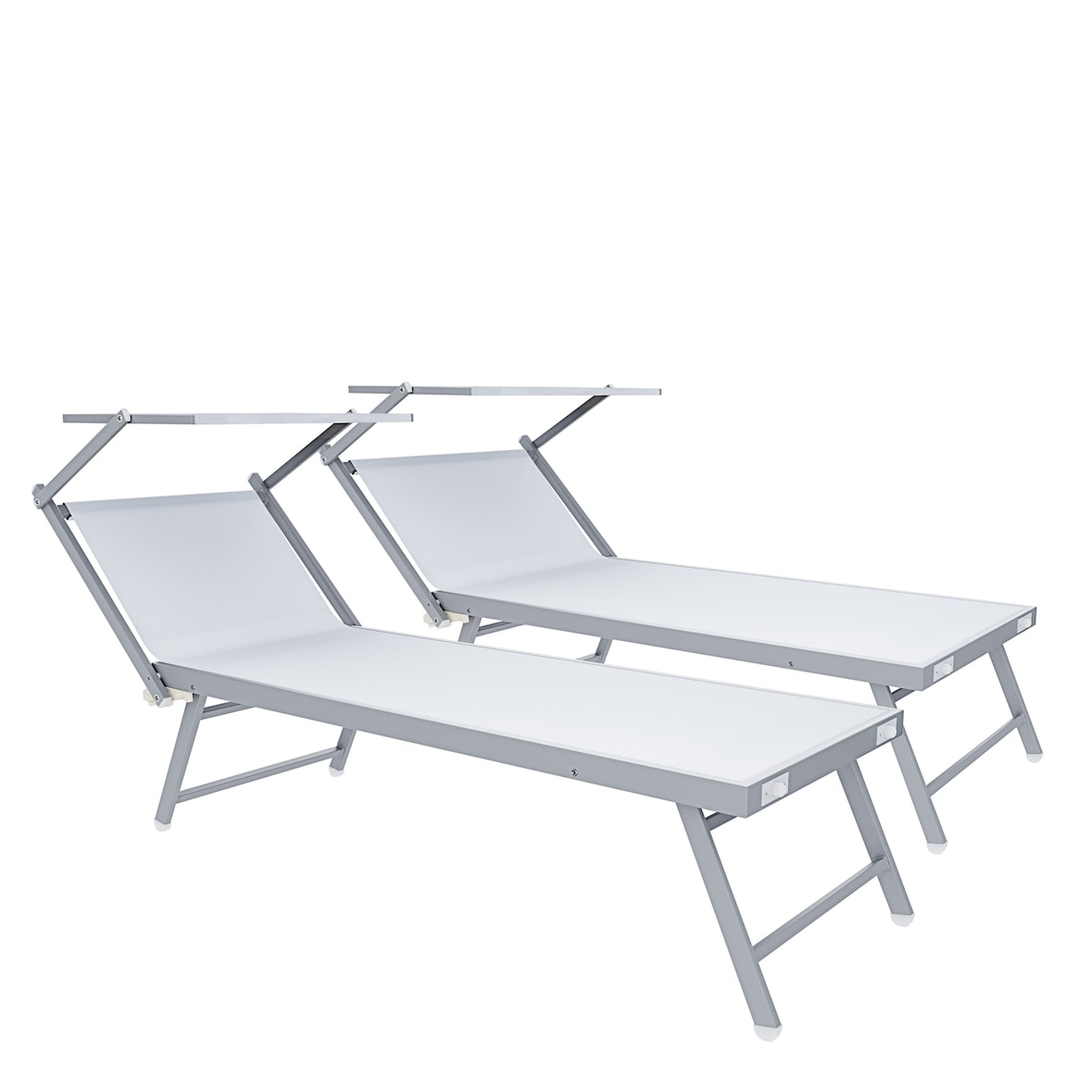 Coppia Di Lettini Prendisole Pieghevole Professionale in Alluminio e Tessuto Textilene Tettuccio Parasole Sdraio Mare Spiaggia 182x60x38 cm Bianco