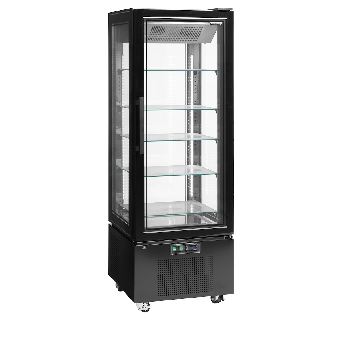 Congelador Expositor TEFCOLD UPD400-F | 4 Caras de Cristal | Puerta sin Marco | 650x650x1950 mm | Capacidad 248 L | Acabado Negro