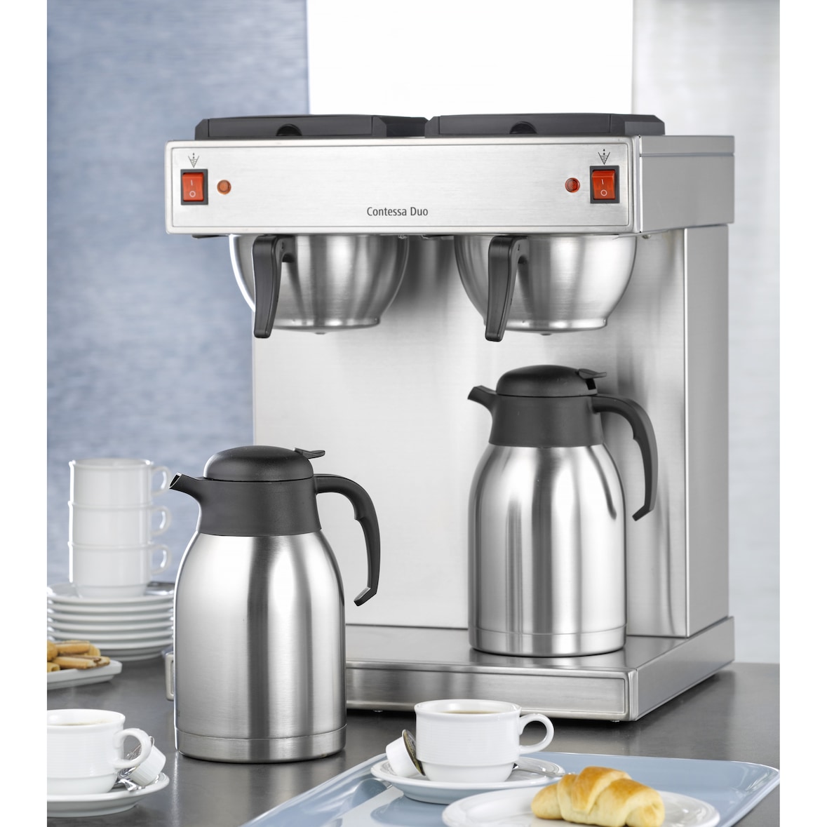 1 x Bartscher Doppel-Kaffeemaschine CONTESSA DUO, aus Chromnickelstahl mit 2 Edelstahl-Isolierkannen Breite: 430 mm, Tiefe: 400 mm, Höhe: 520 mm