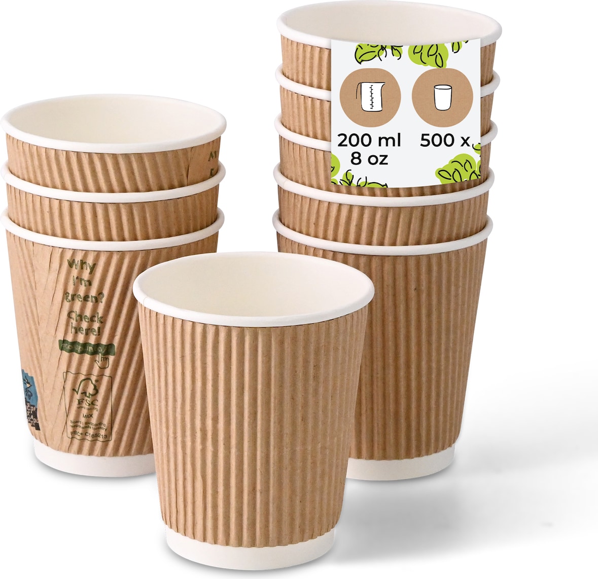BIOZOYG 500 Stück Riffelbecher 200ml / 8oz Kaffee To Go Pappbecher, Braune Einwegbecher, Nachhaltig, Biologisch Abbaubar, Einwegbecher