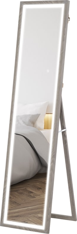 Ein langer Spiegel mit einem grauen Rahmen und Lichtern.