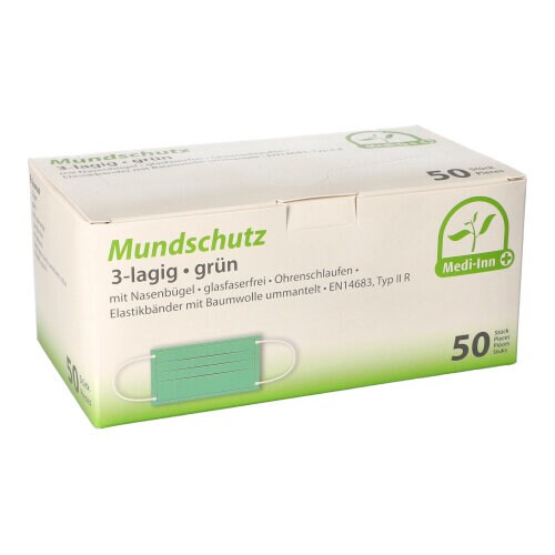 Medi-Inn® 50 "Medi-Inn®" Mundschutz Type IIR 3-lagig 9 cm x 17,5 cm grün mit Nasenbügel und Elastikbänder