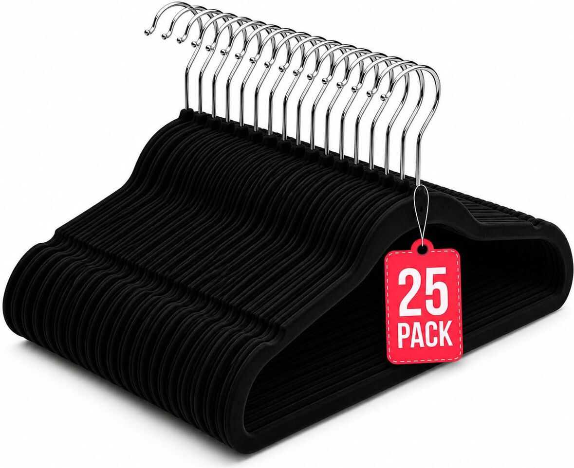COM-FORT HOUSE Perchas terciopelo antideslizantes pack 25 negro ultrafinas ahorro espacio gancho 360 ropa vestidos trajes