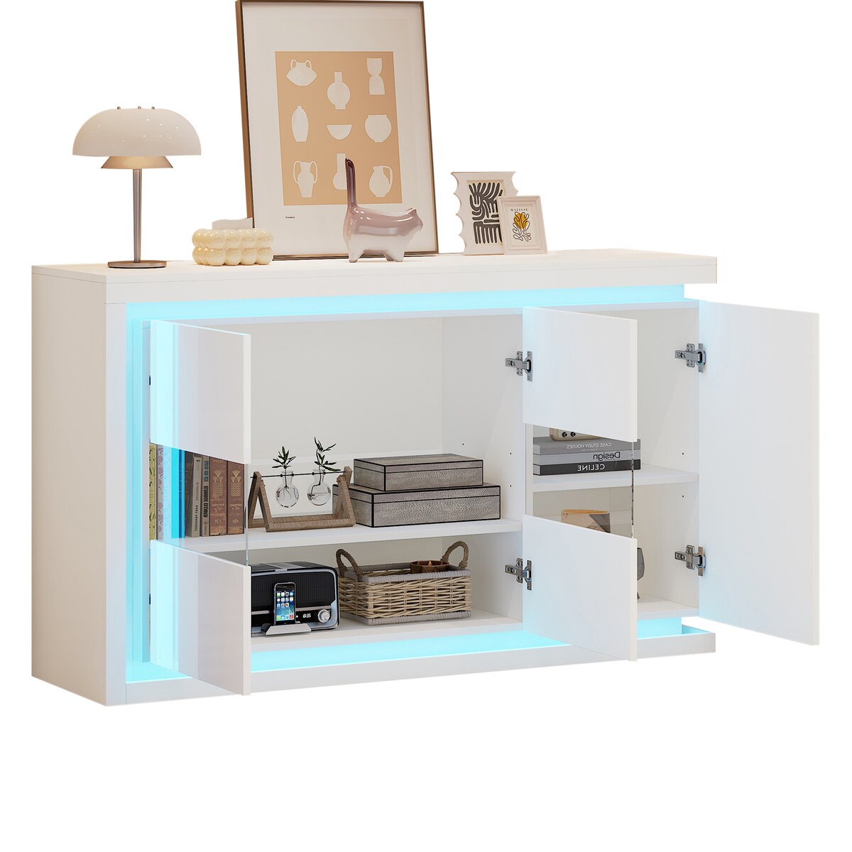 OKWISH Sideboard Wohnzimmer 140x40x84 cm LED Glas Schrank Hochglanz Ablage Stauraum Aufbewahrung Design modern Weiß