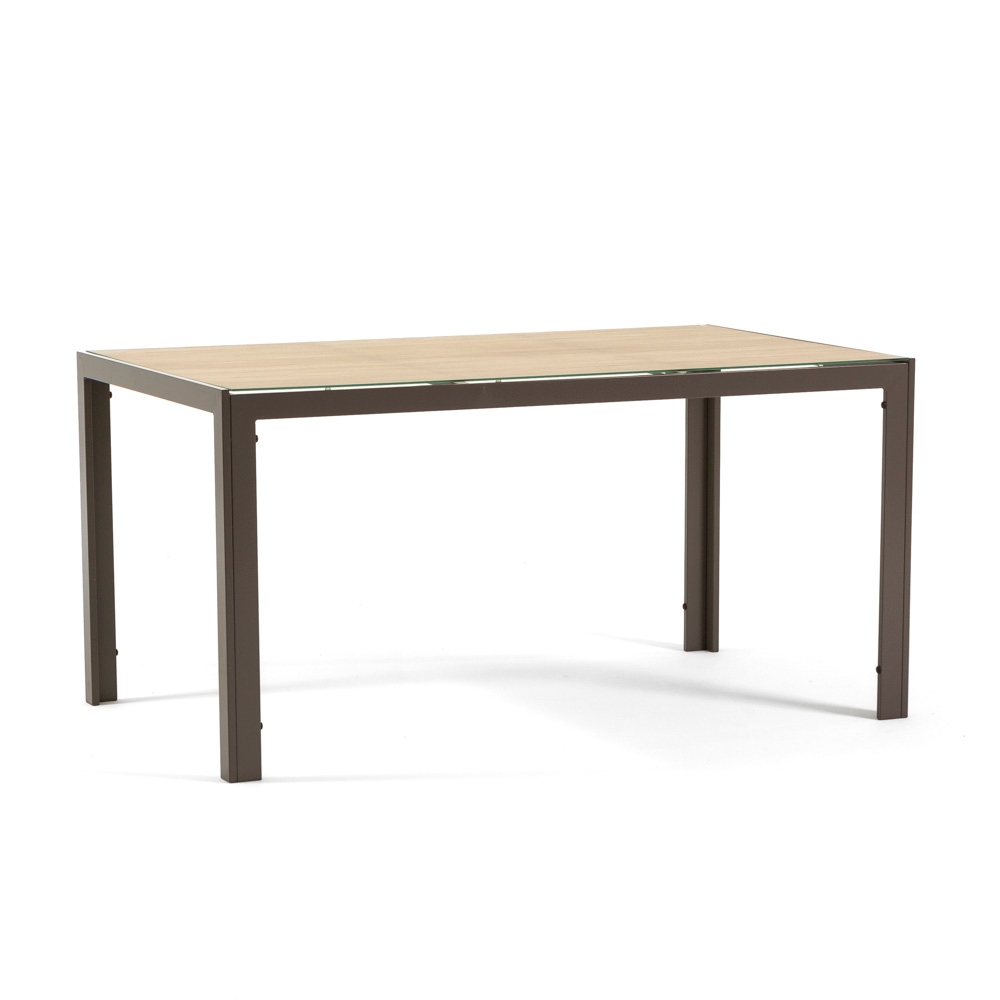 RATTATAN Rechteckiger Tisch 150x90 cm für Innen- und Außenbereich, aus Aluminium und Glas, für Küche, Esszimmer, Garten, 6 Personen–MILO–Taupe/Holz